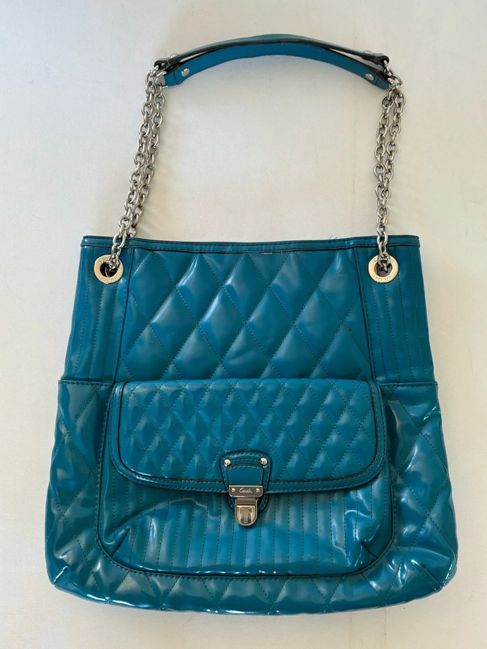 Coach Ashley Teal Patent Leather Quilted Tote Shoulder Bag Chain Strap Large
